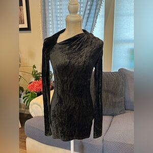 Proenza Schouler Black Crushed Velvet Asymmetrical Long Sleeve Top S